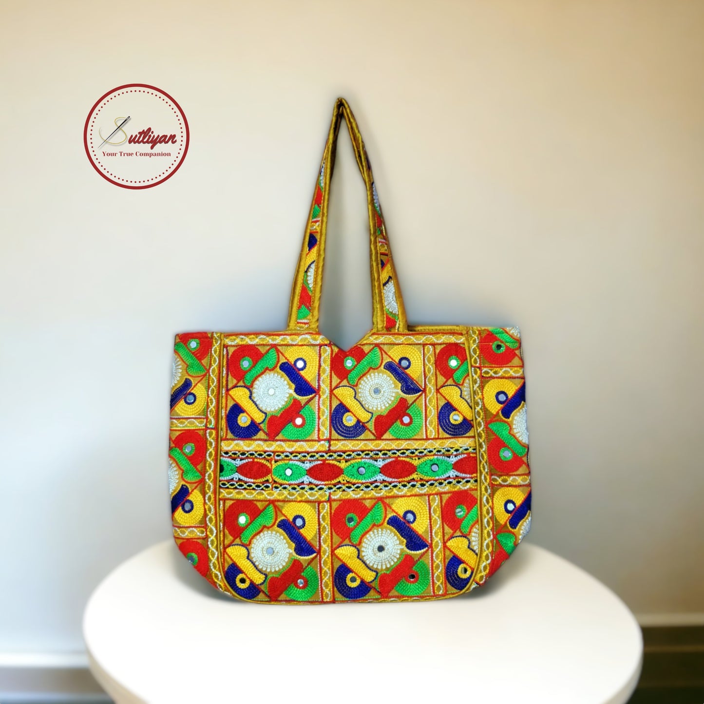 SUTLIYAN Gujarati Handmade Double-Sided Embroidery Regular Yellow Tote Bag for Women (12*16 Inch)