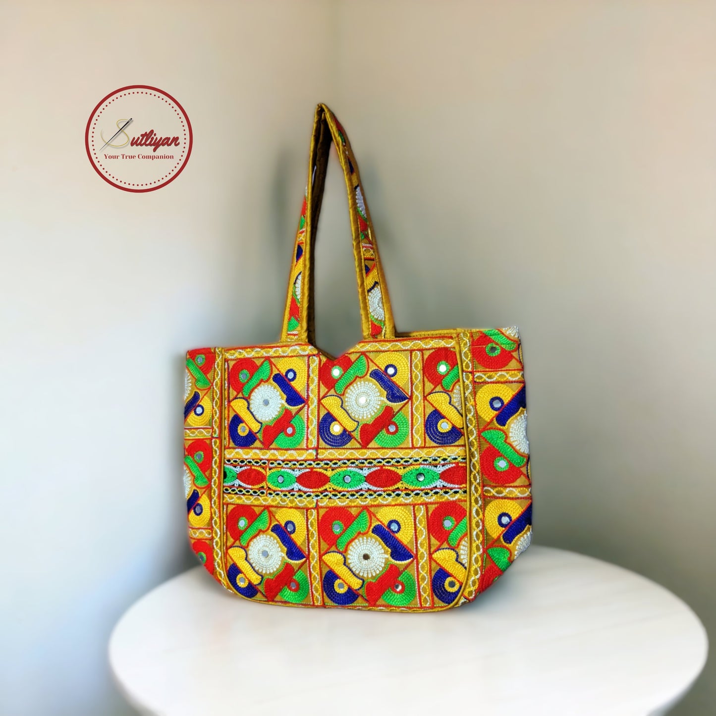 SUTLIYAN Gujarati Handmade Double-Sided Embroidery Regular Yellow Tote Bag for Women (12*16 Inch)