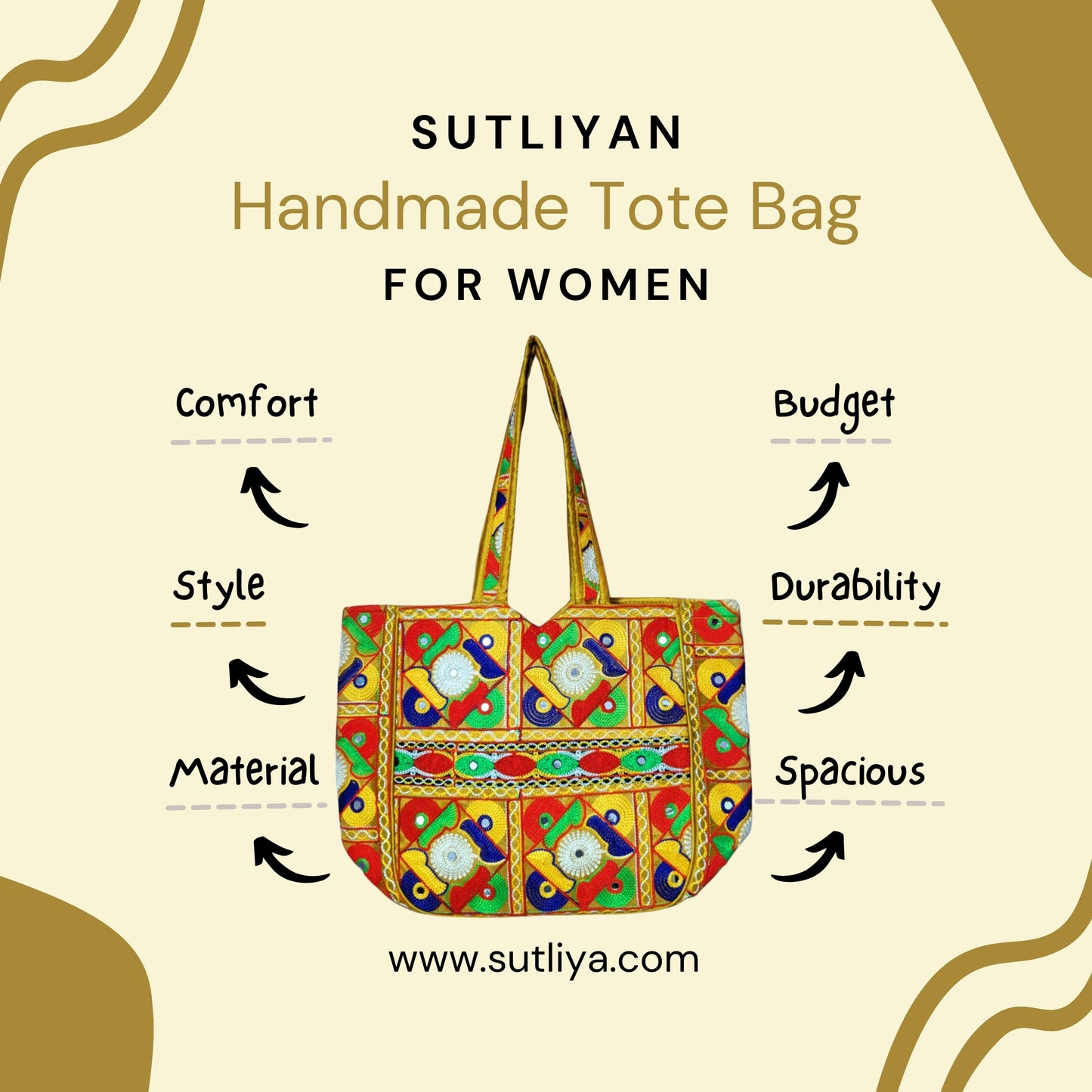 SUTLIYAN Gujarati Handmade Double-Sided Embroidery Regular Yellow Tote Bag for Women (12*16 Inch)