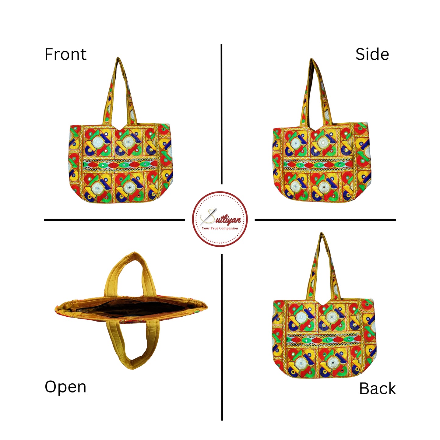 SUTLIYAN Gujarati Handmade Double-Sided Embroidery Regular Yellow Tote Bag for Women (12*16 Inch)