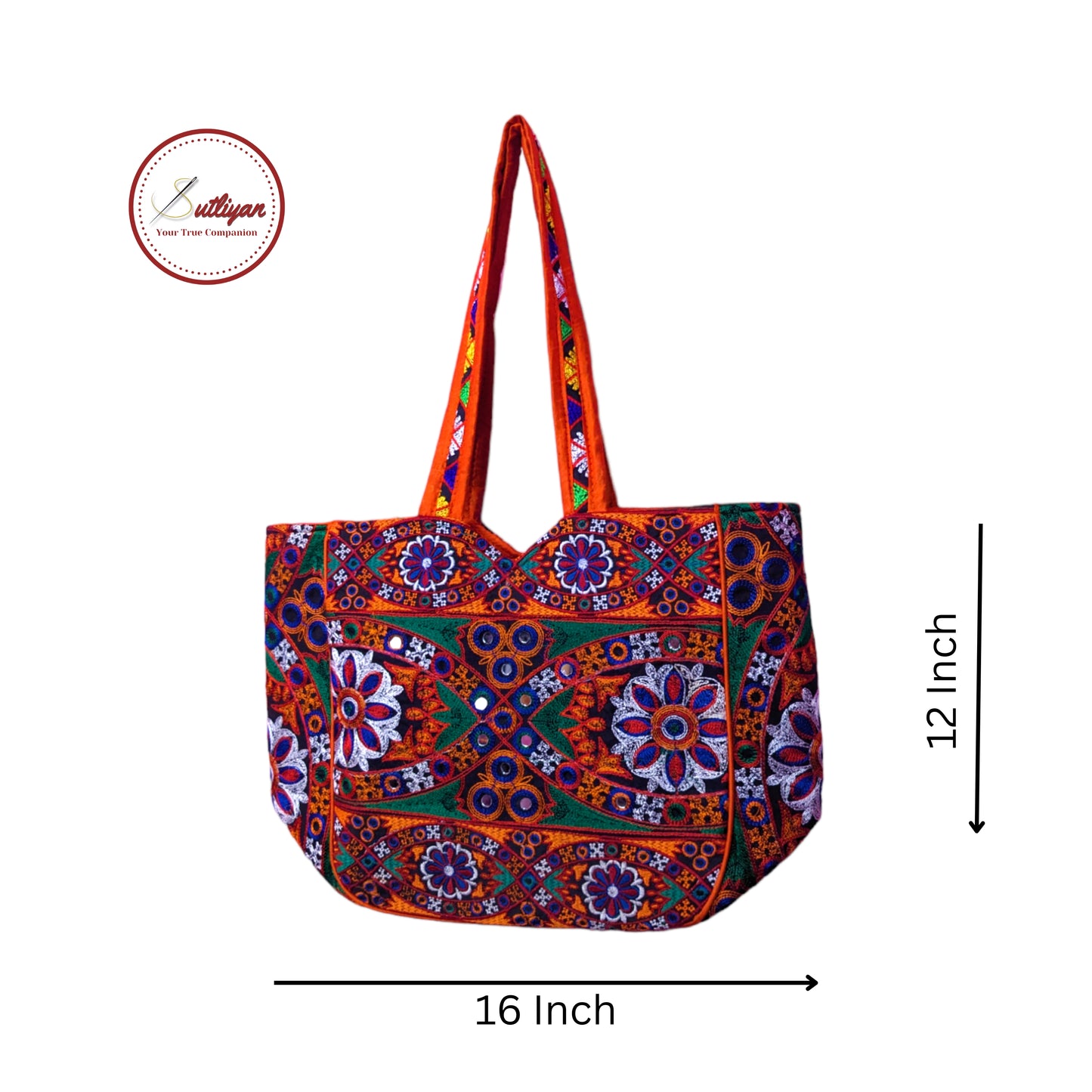 SUTLIYAN Gujarati Double-Sided Handmade Embroidery Orange Regular Tote Bag for Women (12 * 16 Inch)